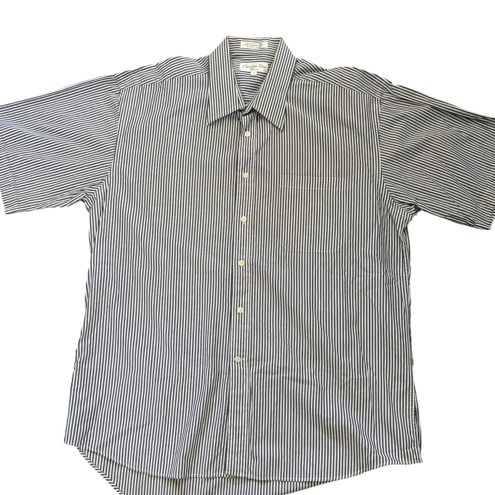 NWOT Christian Dior Chemise Blue White Striped 100% Cotton SS Shirt. Size 17”